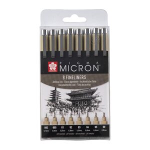 Sakura Fineliner Drawing Pens - Set of 8 Micron Pens (Black)