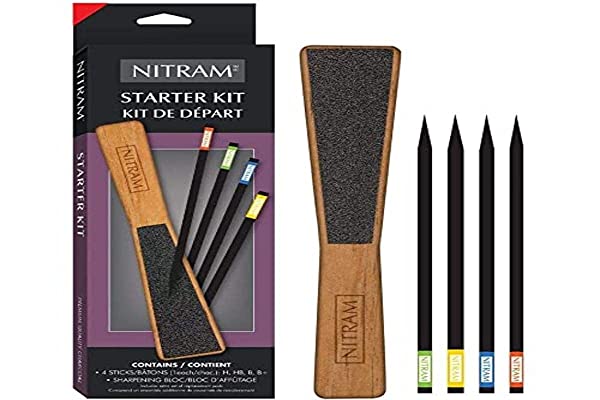 nitram charcoal art kit with 4 sticks and one stone for sanding coal